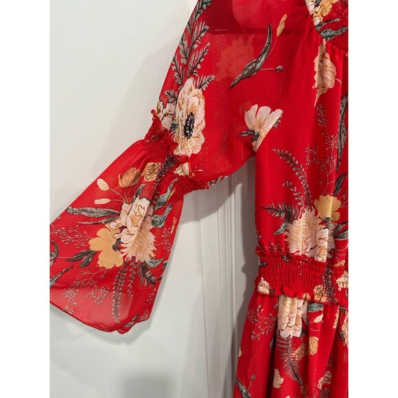 Red Floral Off Shoulder Dress With Smocked Waist Sheer Sleeves Sz Medium - Picture 4 of 11